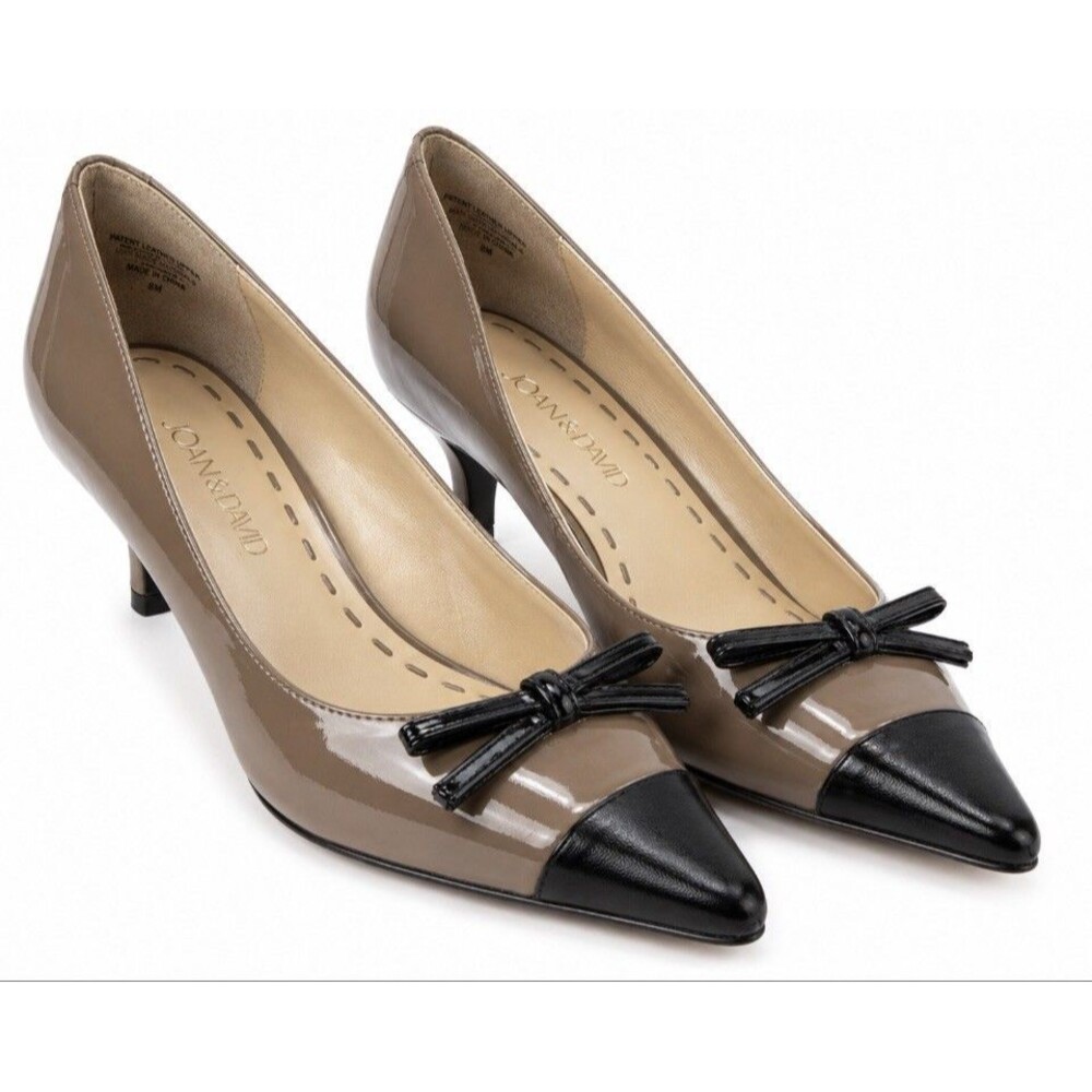 Joan & David Pumps 8M Taupe Black Patent Leather Cap Toe Bow Kitten Heels Y2K